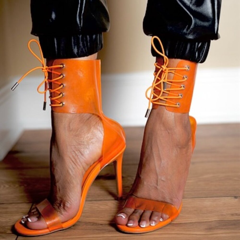 Nadiyah Orange PVC Ankle Cuff Heels